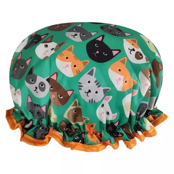 Factorydirect high quality cartoon shower caps low MOQ large enough elastic double layer satin cats shower cap