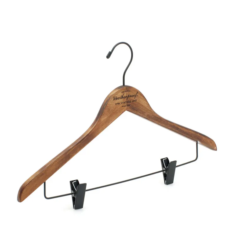 Custom Set Antique Dark Wooden Suit Clothes Hangers with Matt Black Hook Featured Image
