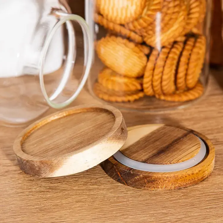 Oem Wide Mouth Thick High Borosilicate Glass Large Kitchen Grains Container Glass Spice Food Storage Jar With Wooden Lid