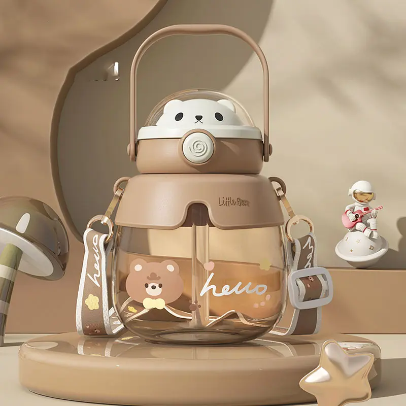 New potbelly cup for male and female students high-value cartoon hugging bear water cup children’s portable straw Plastic cups