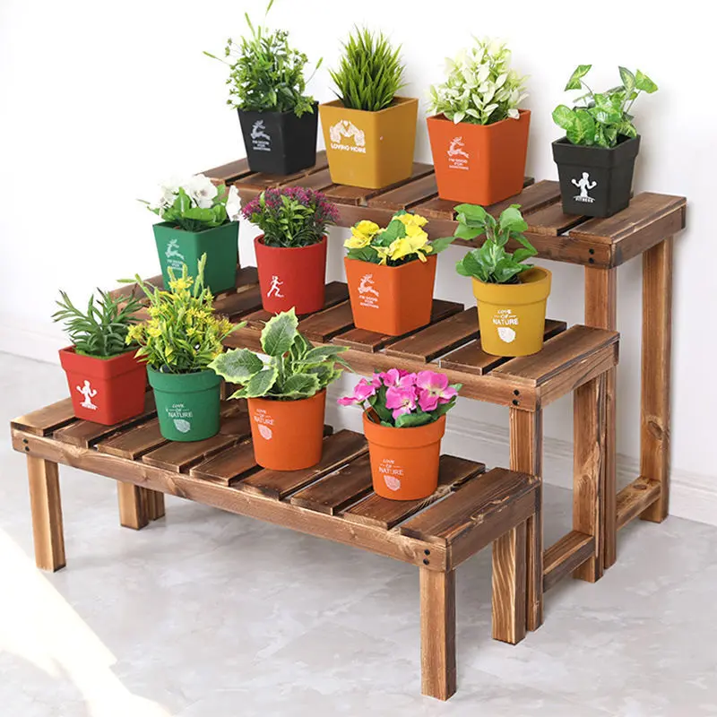 Flower stand wholesale indoor floor carbonization anti-corrosion solid wood single layer flower a few feet step on the stool succulent indoor and outdoor multi-layer