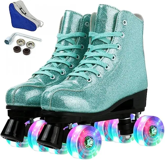 Holographic High Top PU Leather Skates Glitter Double Quad Skates