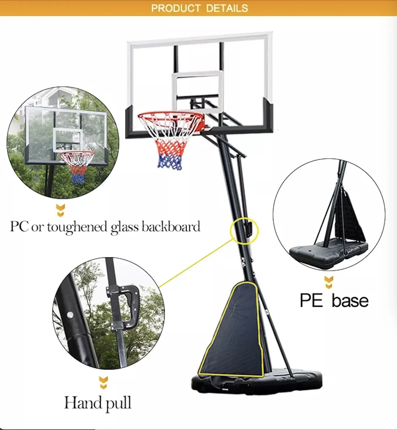 54” backboard Tempered glass Dunk Basketball hoop Basketball stand 5v5 competition Street basketball Outdoor movable