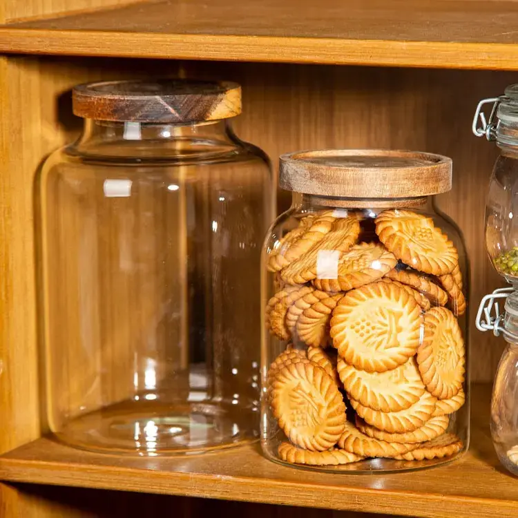 Oem Wide Mouth Thick High Borosilicate Glass Large Kitchen Grains Container Glass Spice Food Storage Jar With Wooden Lid