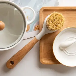 Oem Multi-Functional Birch Wood Handle Built-in Scraper Head Pan Sisal Pot Brush Kitchen Cleaning Brush For Sink Stove