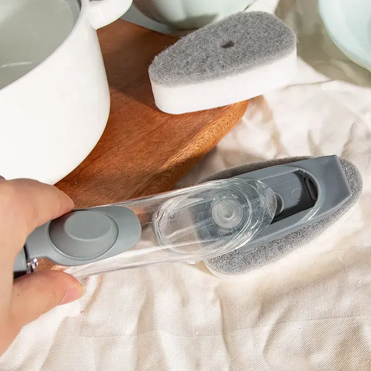 Long Handle Scraper Pan Scrub Kitchen Dishwand Soap Dispensing Dish Brush With 2Pcs Replacement Sponge Head