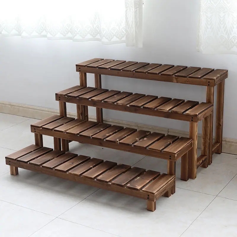 Flower stand wholesale indoor floor carbonization anti-corrosion solid wood single layer flower a few feet step on the stool succulent indoor and outdoor multi-layer