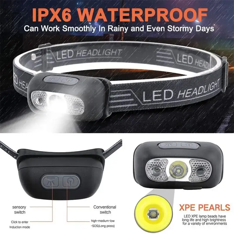 USB Rechargeable 3W LED Headlamp 4 Mode Running Head Torch Portable Mini LED Head Light with Motion Sensor