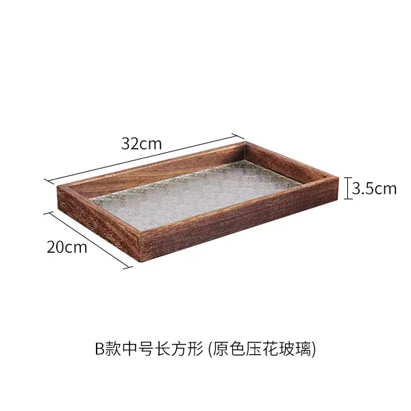 Vintage style begonia flower glass tray solid wood rectangular small tea tray water cup storage fruit tray snack plate