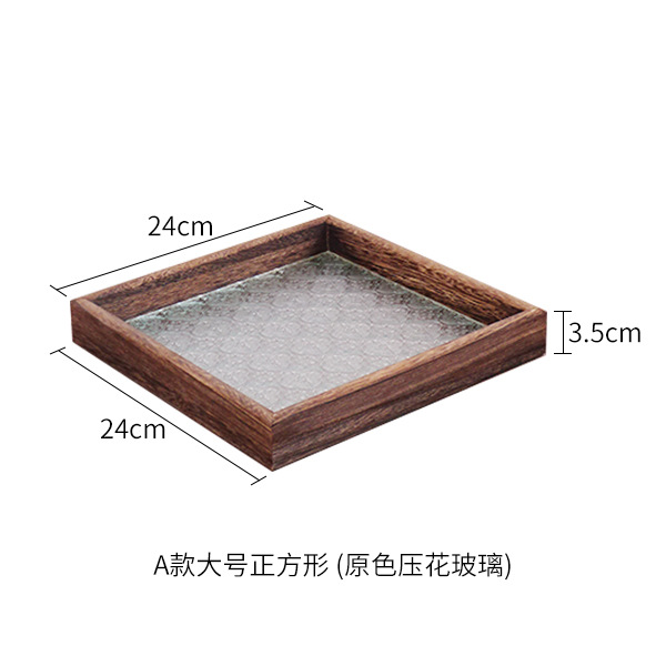Vintage style begonia flower glass tray solid wood rectangular small tea tray water cup storage fruit tray snack plate